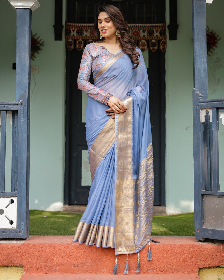 Sky Blue Plain Chiffon Saree with Gold Zari Border, Geometric Printed Blouse & Tassel Detailing