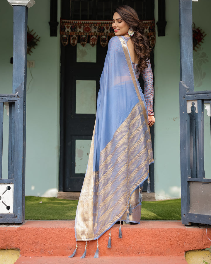 Sky Blue Plain Chiffon Saree with Gold Zari Border, Geometric Printed Blouse & Tassel Detailing