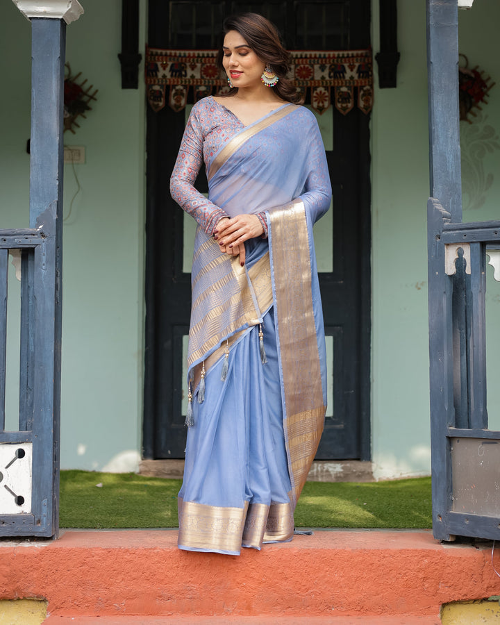 Sky Blue Plain Chiffon Saree with Gold Zari Border, Geometric Printed Blouse & Tassel Detailing