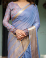 Sky Blue Plain Chiffon Saree with Gold Zari Border, Geometric Printed Blouse & Tassel Detailing