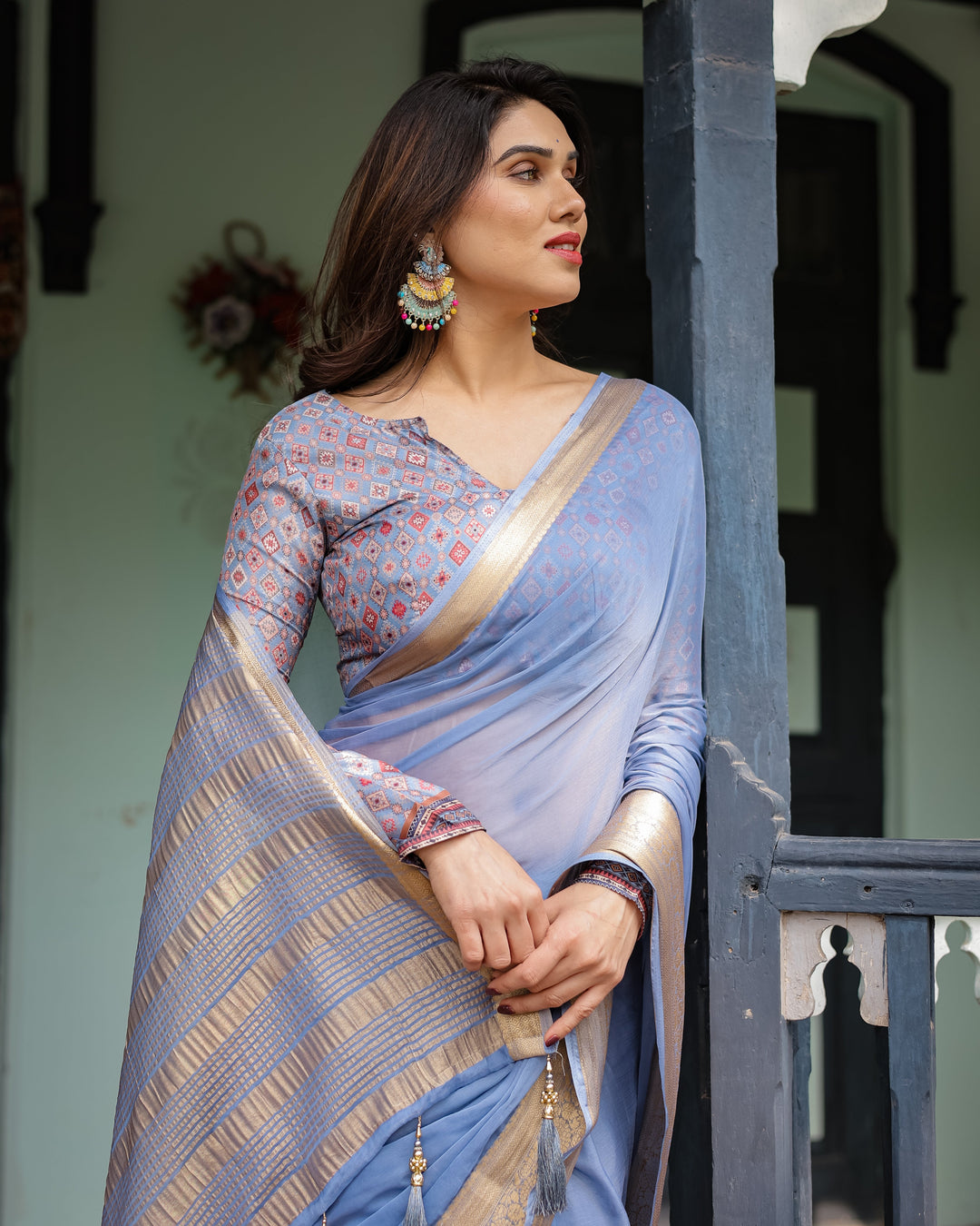 Sky Blue Plain Chiffon Saree with Gold Zari Border, Geometric Printed Blouse & Tassel Detailing