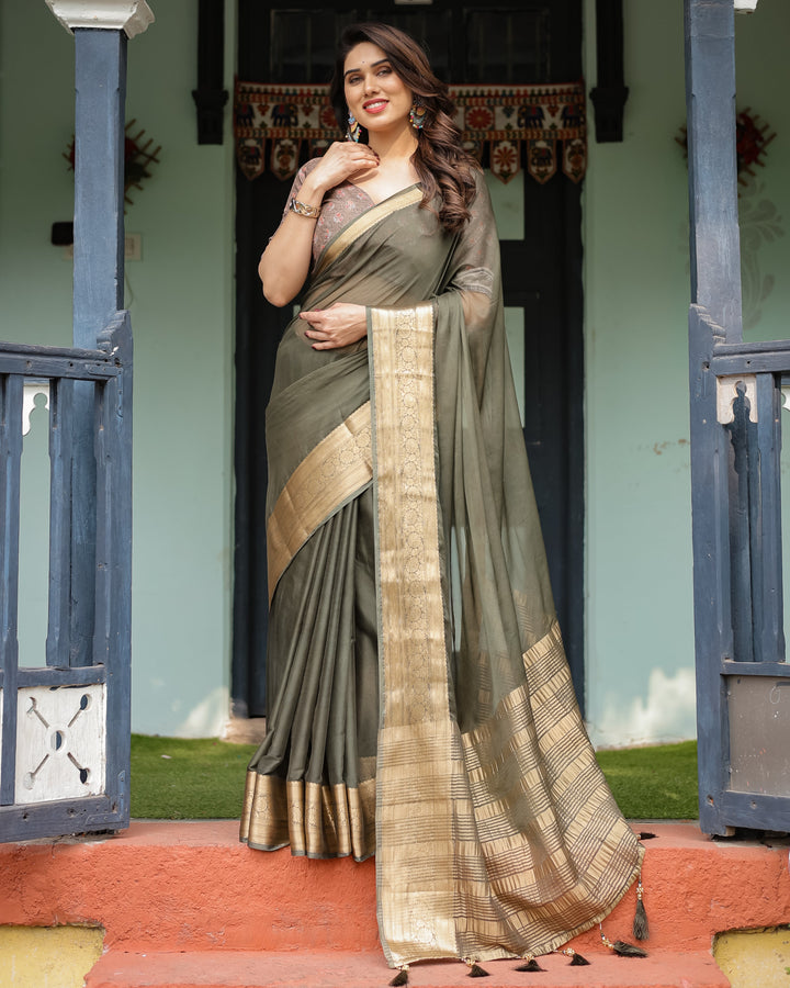 Elegant Olive Green Plain Chiffon Saree with Gold Zari Border, Floral Printed Blouse & Tassel Detailing