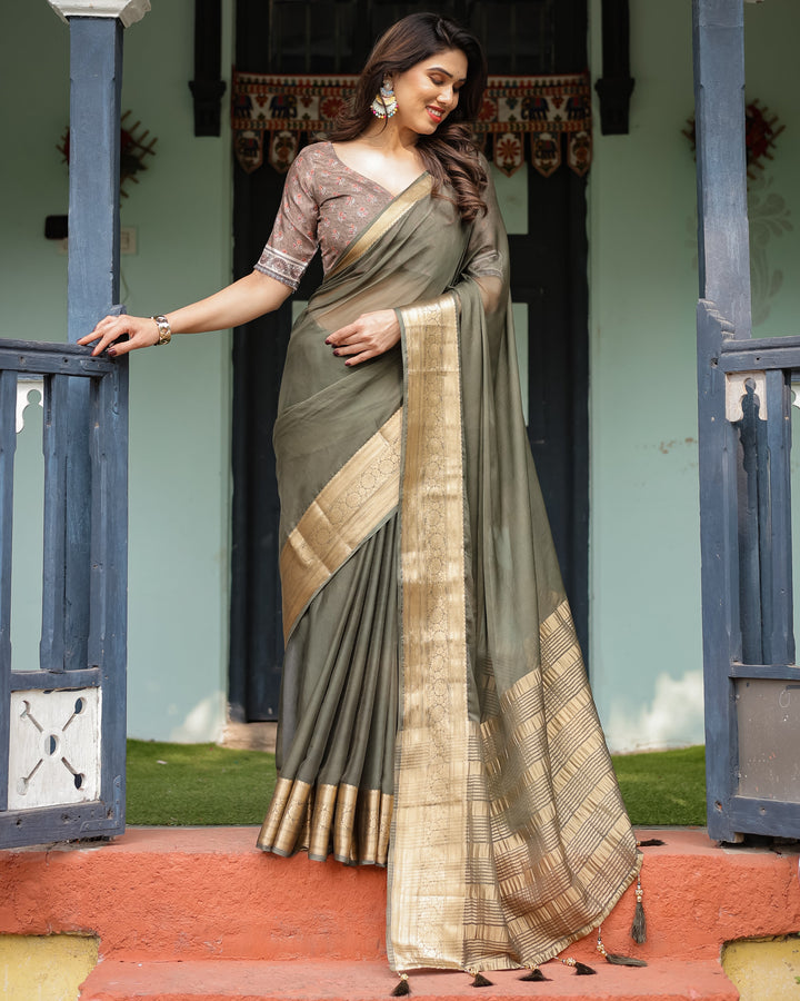 Elegant Olive Green Plain Chiffon Saree with Gold Zari Border, Floral Printed Blouse & Tassel Detailing