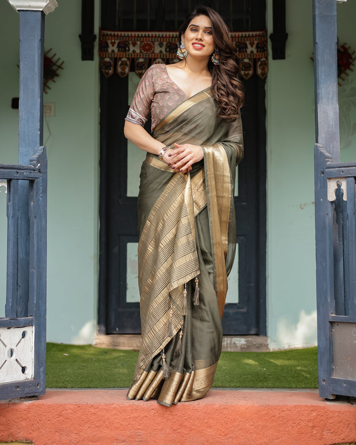 Elegant Olive Green Plain Chiffon Saree with Gold Zari Border, Floral Printed Blouse & Tassel Detailing