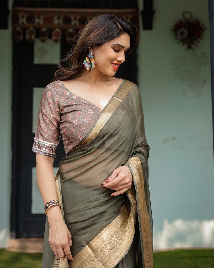 Elegant Olive Green Plain Chiffon Saree with Gold Zari Border, Floral Printed Blouse & Tassel Detailing