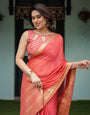 Graceful Coral Pink Plain Chiffon Saree with Gold Zari Border, Floral Embroidered Blouse & Tassel Detailing