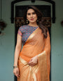 Elegant Tangerine Orange Plain Chiffon Saree with Gold Zari Border, Geometric Printed Blouse & Tassel Detailing