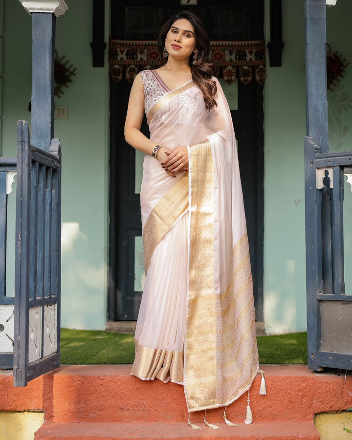 Ethereal Off-White Plain Chiffon Saree with Gold Zari Border, Intricate Floral Printed Blouse & Tassel Detailing