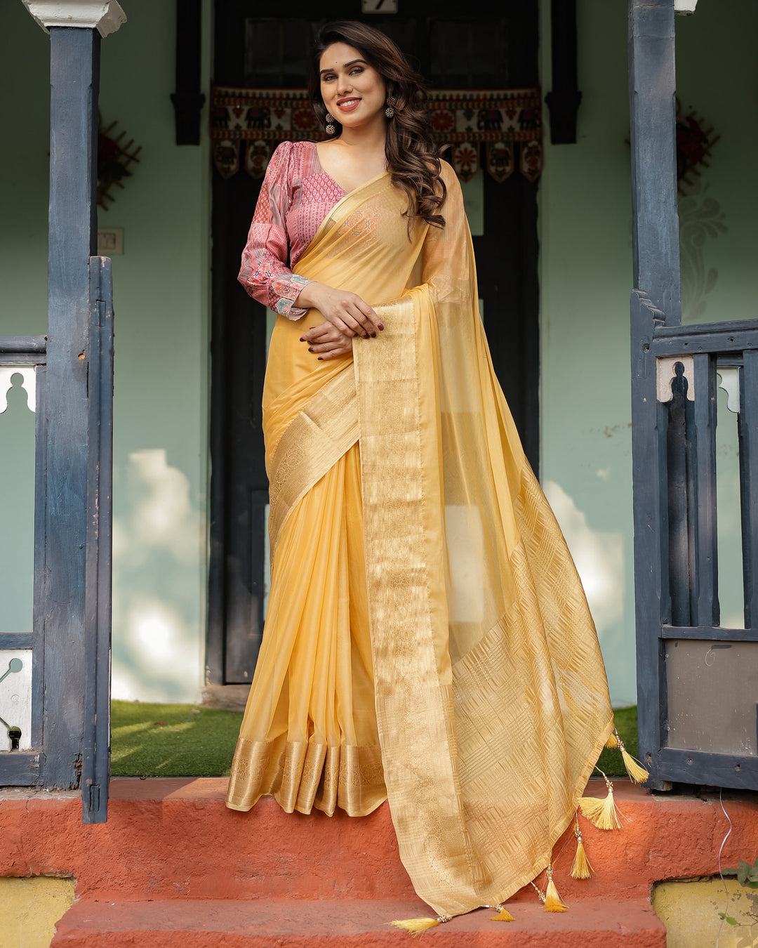 Radiant Mustard Yellow Plain Chiffon Saree with Gold Zari Border, Printed Designer Blouse & Tassel Detailing