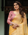 Radiant Mustard Yellow Plain Chiffon Saree with Gold Zari Border, Printed Designer Blouse & Tassel Detailing