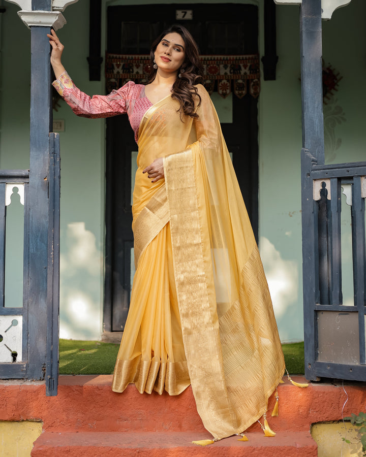 Radiant Mustard Yellow Plain Chiffon Saree with Gold Zari Border, Printed Designer Blouse & Tassel Detailing