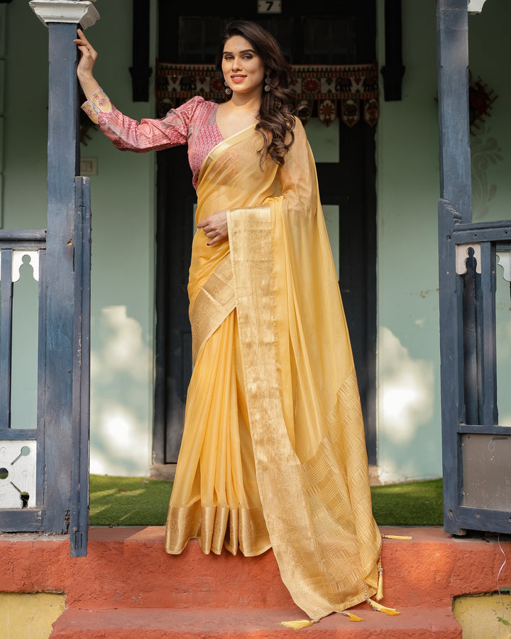 Radiant Mustard Yellow Plain Chiffon Saree with Gold Zari Border, Printed Designer Blouse & Tassel Detailing