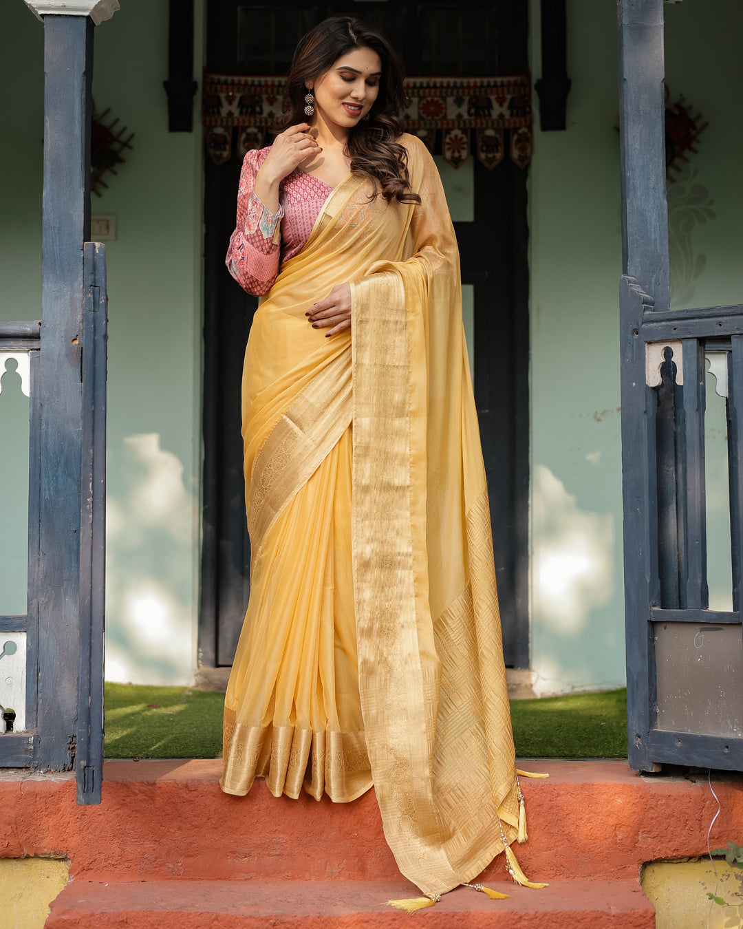 Radiant Mustard Yellow Plain Chiffon Saree with Gold Zari Border, Printed Designer Blouse & Tassel Detailing