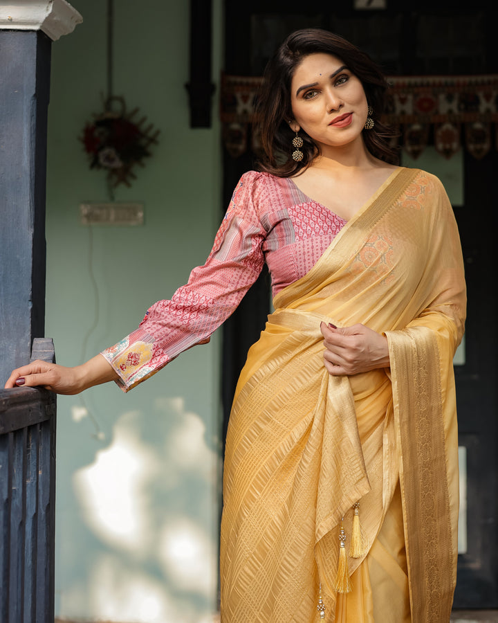 Radiant Mustard Yellow Plain Chiffon Saree with Gold Zari Border, Printed Designer Blouse & Tassel Detailing