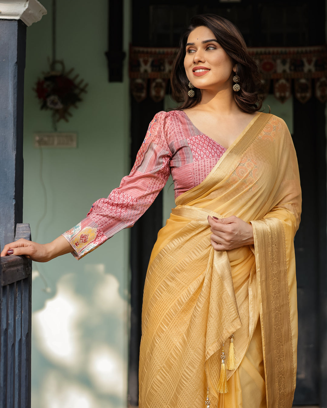 Radiant Mustard Yellow Plain Chiffon Saree with Gold Zari Border, Printed Designer Blouse & Tassel Detailing