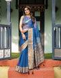 Royal Blue Plain Chiffon Saree with Gold Zari Border, Geometric Printed Blouse & Tassel Detailing