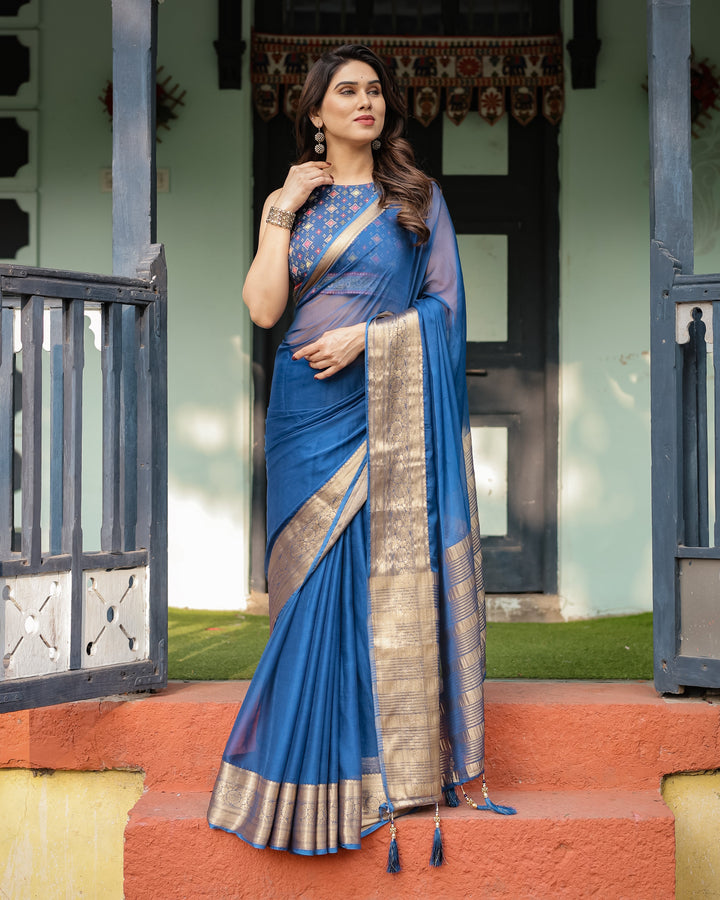 Royal Blue Plain Chiffon Saree with Gold Zari Border, Geometric Printed Blouse & Tassel Detailing