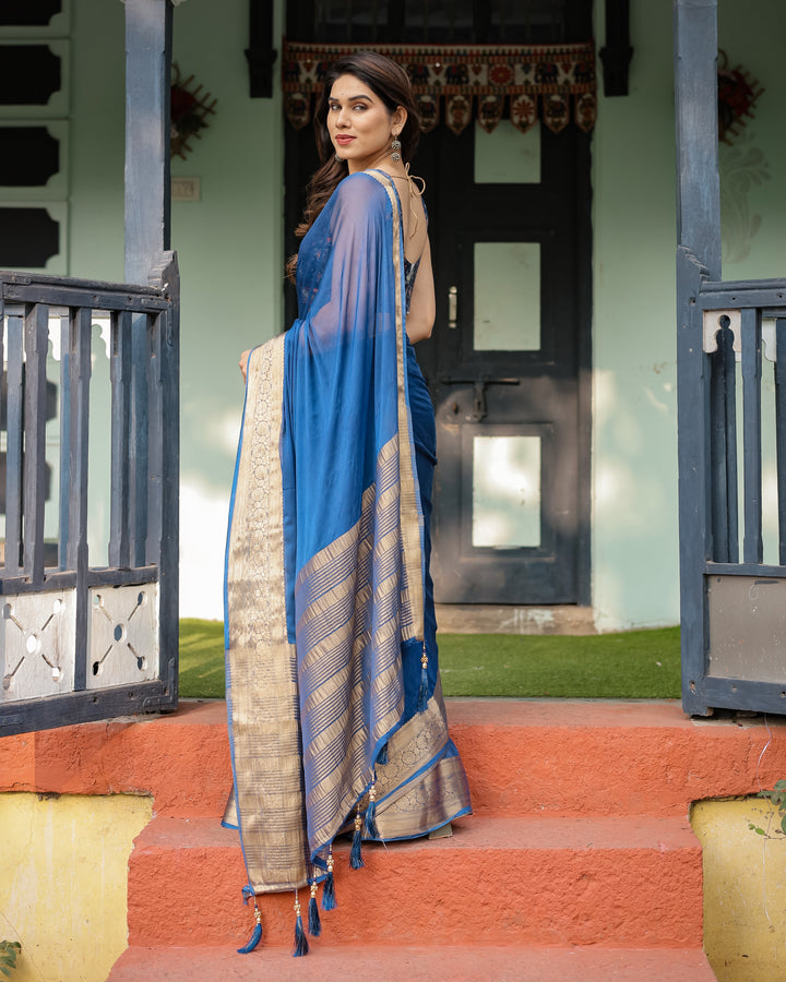 Royal Blue Plain Chiffon Saree with Gold Zari Border, Geometric Printed Blouse & Tassel Detailing