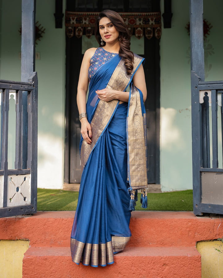 Royal Blue Plain Chiffon Saree with Gold Zari Border, Geometric Printed Blouse & Tassel Detailing