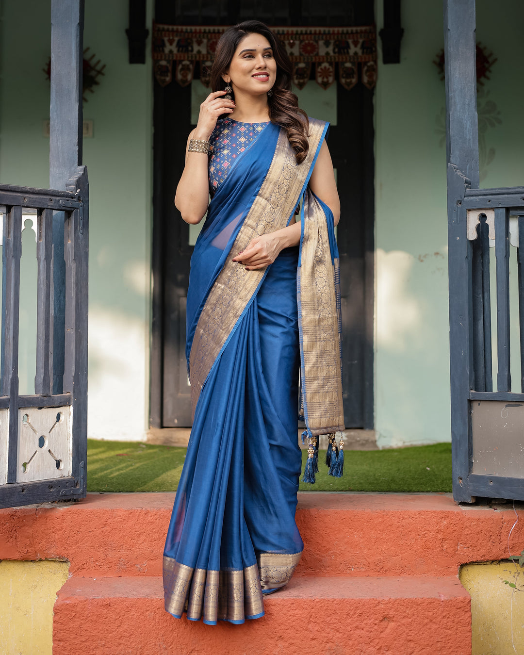 Royal Blue Plain Chiffon Saree with Gold Zari Border, Geometric Printed Blouse & Tassel Detailing