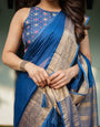 Royal Blue Plain Chiffon Saree with Gold Zari Border, Geometric Printed Blouse & Tassel Detailing