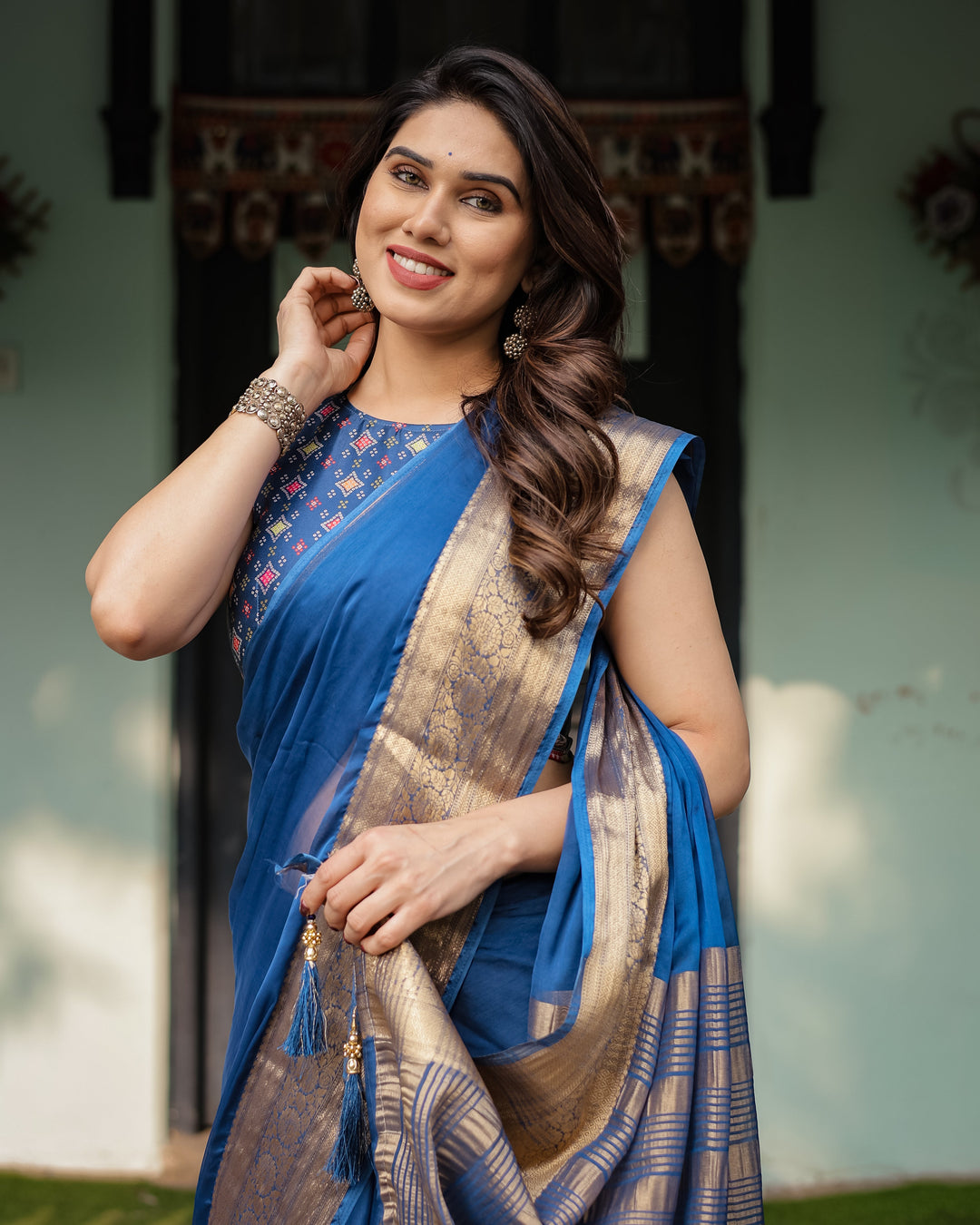 Royal Blue Plain Chiffon Saree with Gold Zari Border, Geometric Printed Blouse & Tassel Detailing