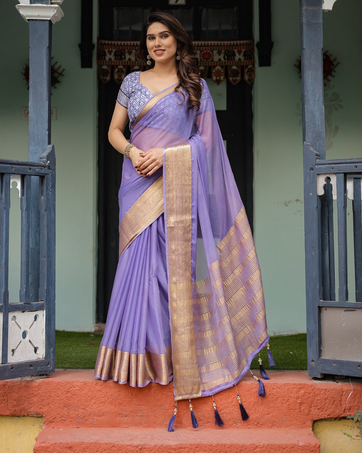 Lavender Plain Chiffon Saree with Gold Zari Border, Geometric Printed Blouse & Tassel Detailing