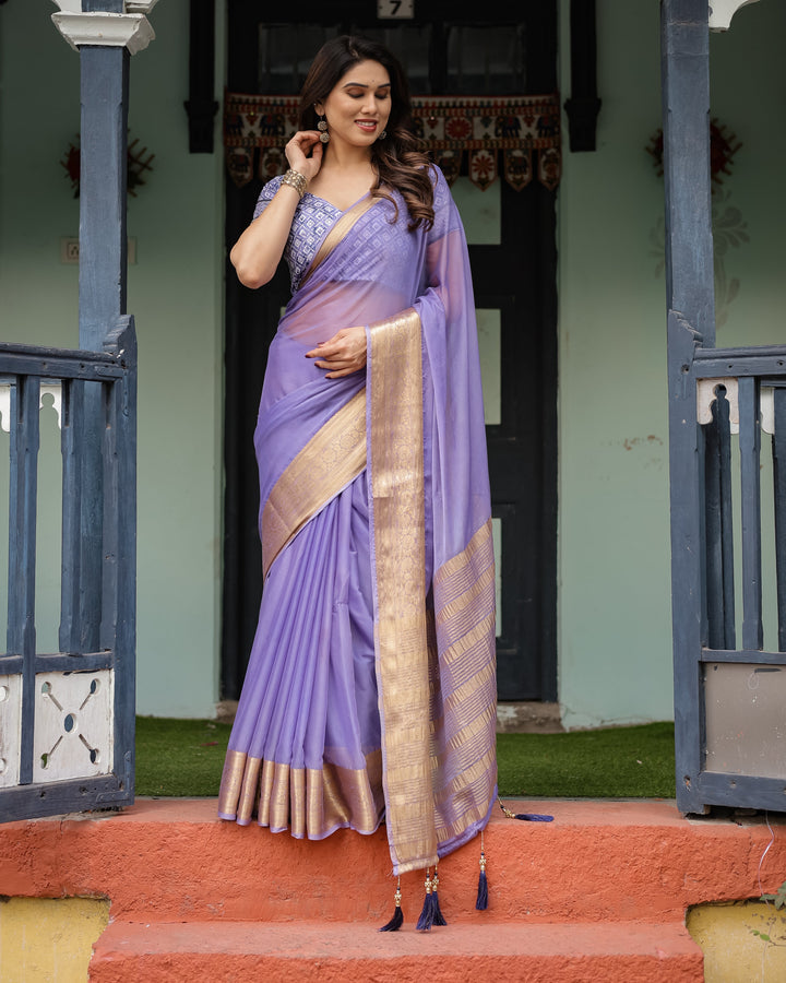 Lavender Plain Chiffon Saree with Gold Zari Border, Geometric Printed Blouse & Tassel Detailing