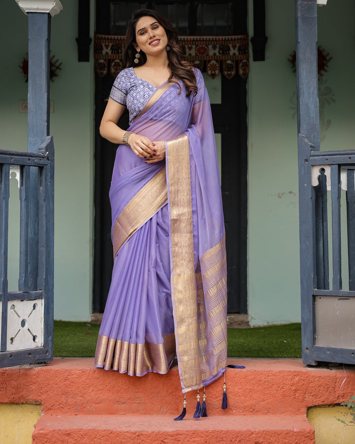 Lavender Plain Chiffon Saree with Gold Zari Border, Geometric Printed Blouse & Tassel Detailing