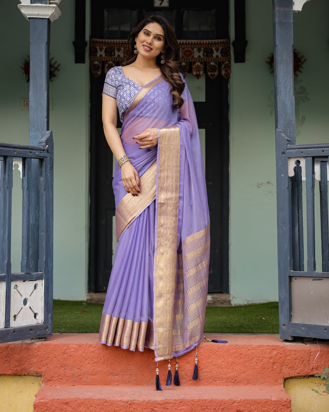 Lavender Plain Chiffon Saree with Gold Zari Border, Geometric Printed Blouse & Tassel Detailing