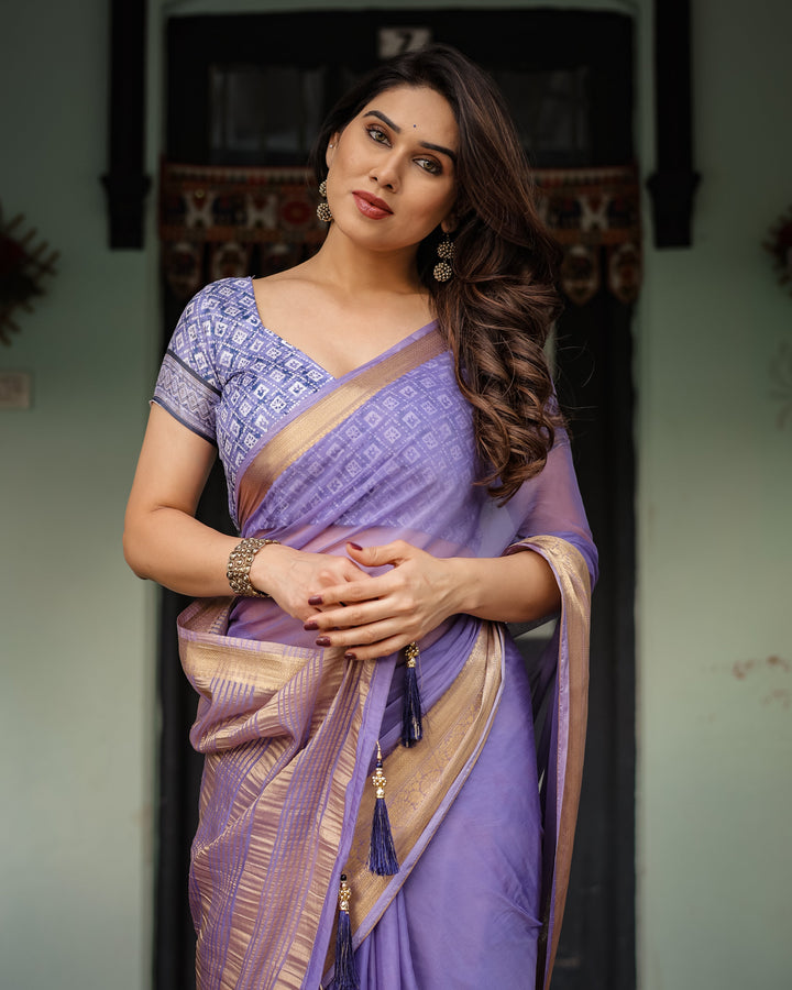 Lavender Plain Chiffon Saree with Gold Zari Border, Geometric Printed Blouse & Tassel Detailing