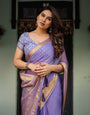 Lavender Plain Chiffon Saree with Gold Zari Border, Geometric Printed Blouse & Tassel Detailing