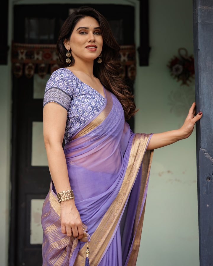 Lavender Plain Chiffon Saree with Gold Zari Border, Geometric Printed Blouse & Tassel Detailing