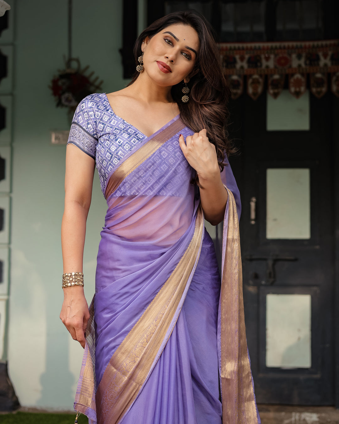 Lavender Plain Chiffon Saree with Gold Zari Border, Geometric Printed Blouse & Tassel Detailing