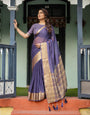 Deep Violet Plain Chiffon Saree with Gold Zari Border, Floral Printed Blouse & Tassel Detailing