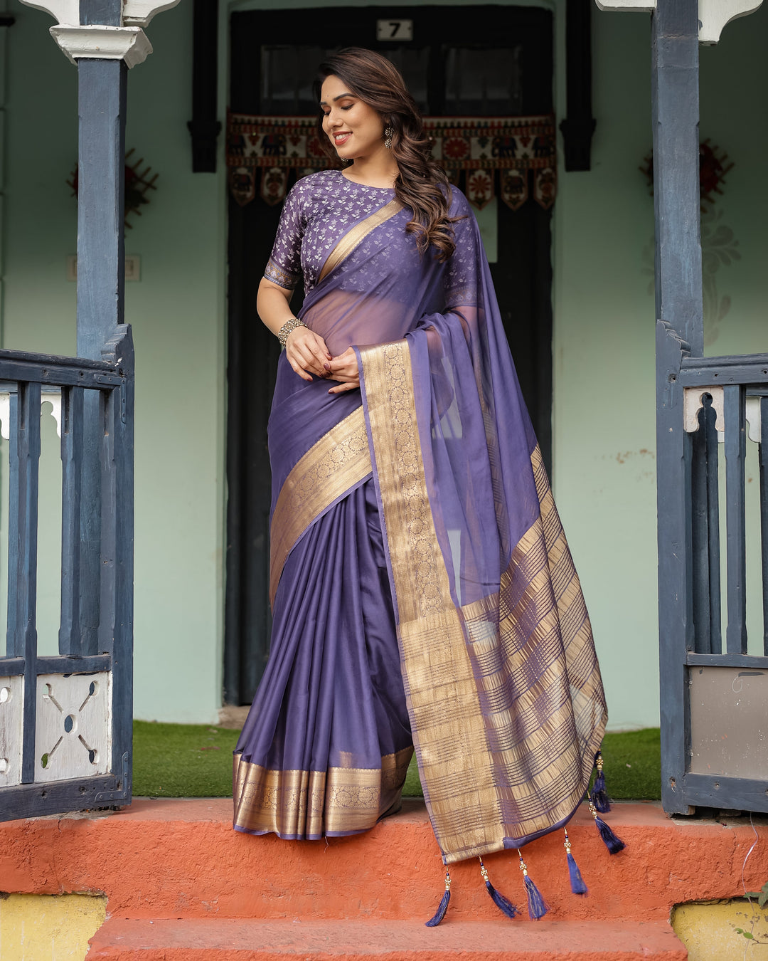 Deep Violet Plain Chiffon Saree with Gold Zari Border, Floral Printed Blouse & Tassel Detailing