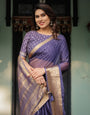 Deep Violet Plain Chiffon Saree with Gold Zari Border, Floral Printed Blouse & Tassel Detailing