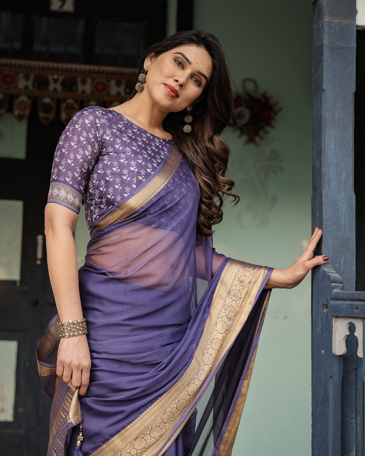 Deep Violet Plain Chiffon Saree with Gold Zari Border, Floral Printed Blouse & Tassel Detailing