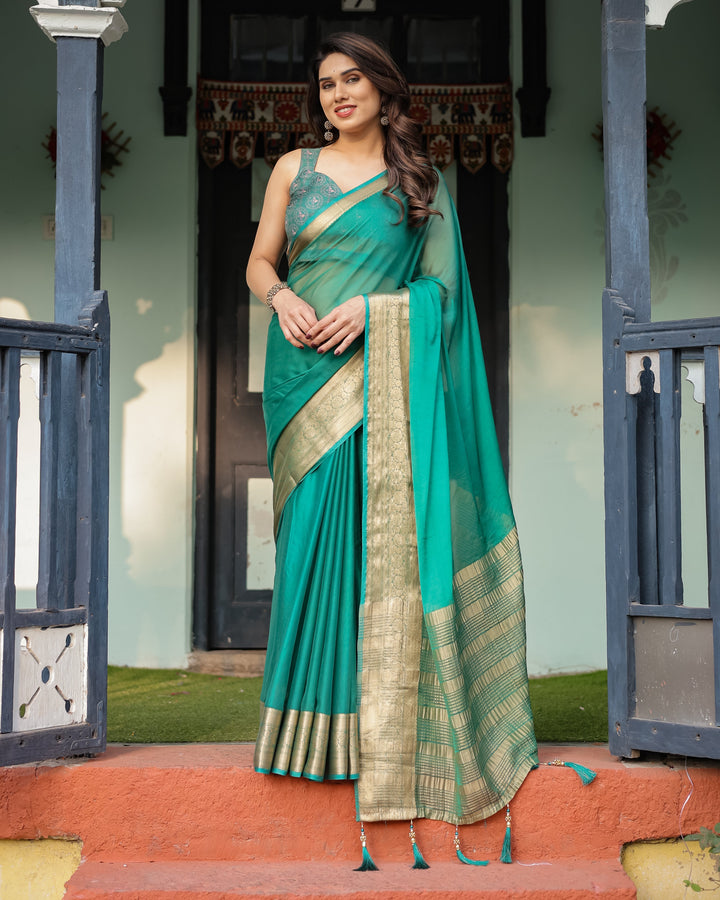 Elegant Sea Green Plain Chiffon Saree with Gold Zari Border, Paisley Printed Blouse & Tassel Detailing