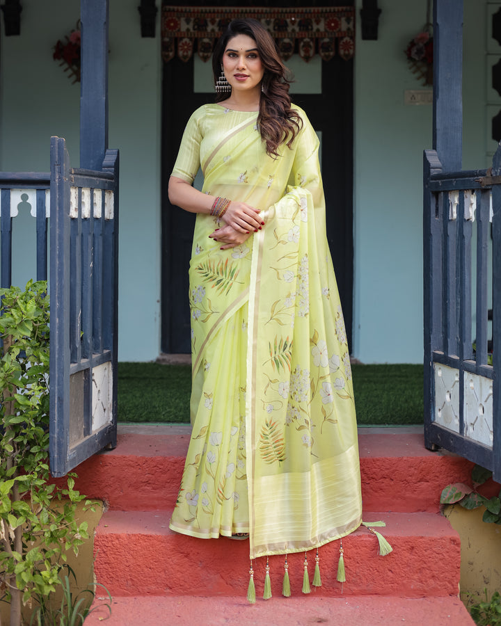 Lime Yellow Pastel Floral Print Premium Organza Saree with Zari Weave, and Tassel Details