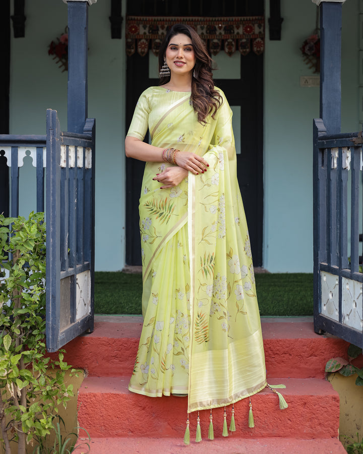 Lime Yellow Pastel Floral Print Premium Organza Saree with Zari Weave, and Tassel Details