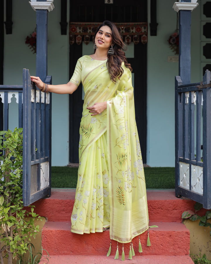 Lime Yellow Pastel Floral Print Premium Organza Saree with Zari Weave, and Tassel Details