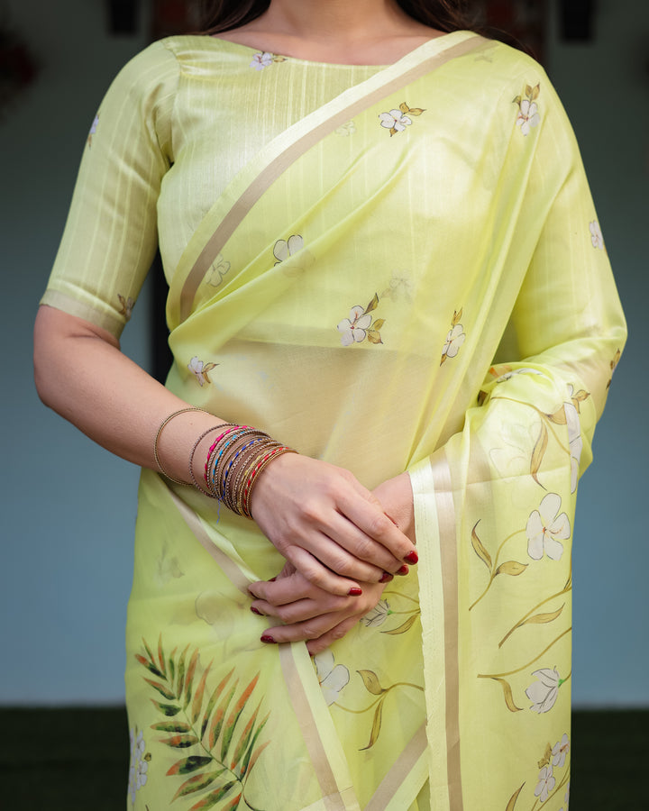 Lime Yellow Pastel Floral Print Premium Organza Saree with Zari Weave, and Tassel Details