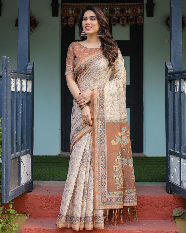 Beige and Rust Handloom Cotton-Linen Saree with Floral Motifs and Peacock Pallu