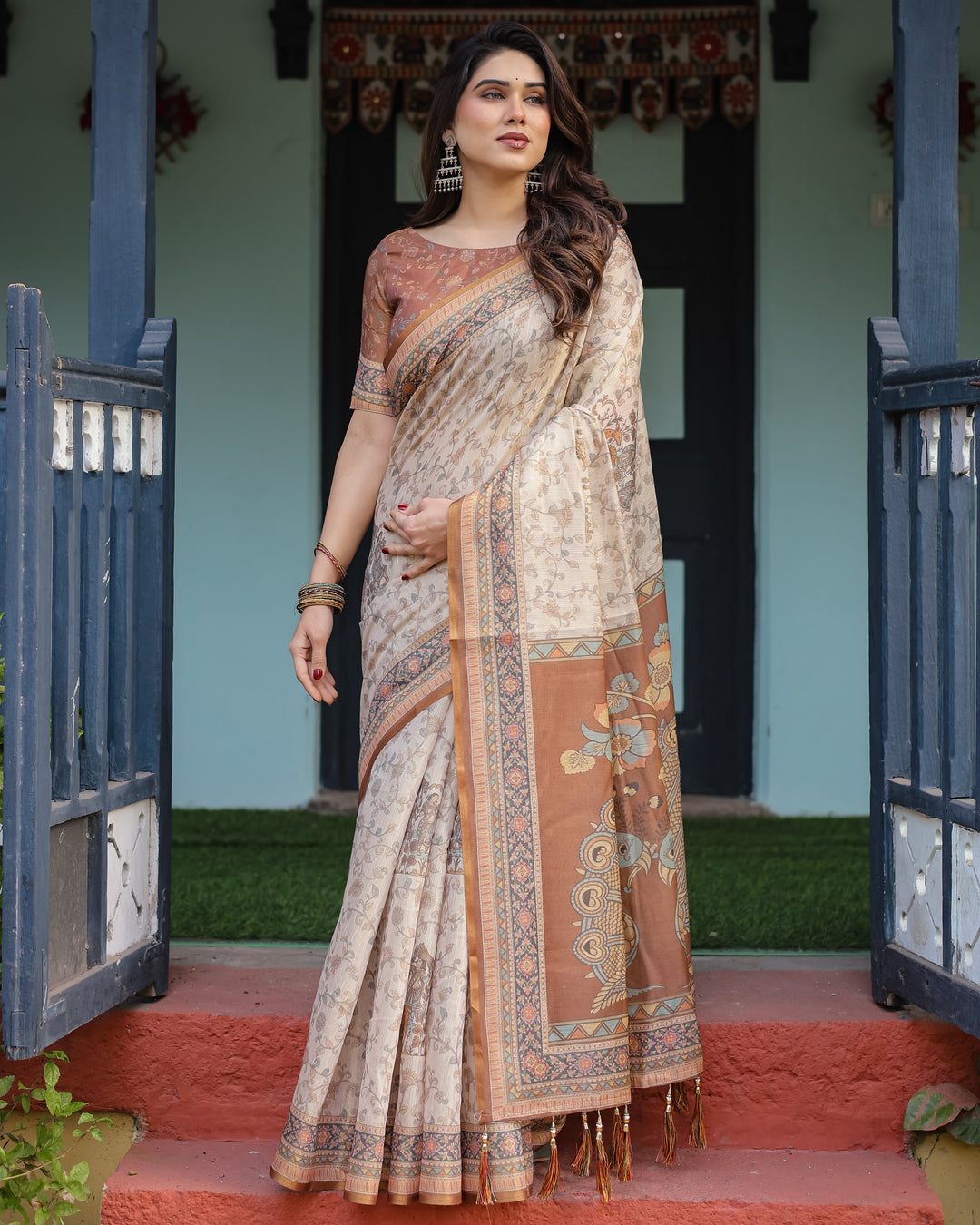 Beige and Rust Handloom Cotton-Linen Saree with Floral Motifs and Peacock Pallu