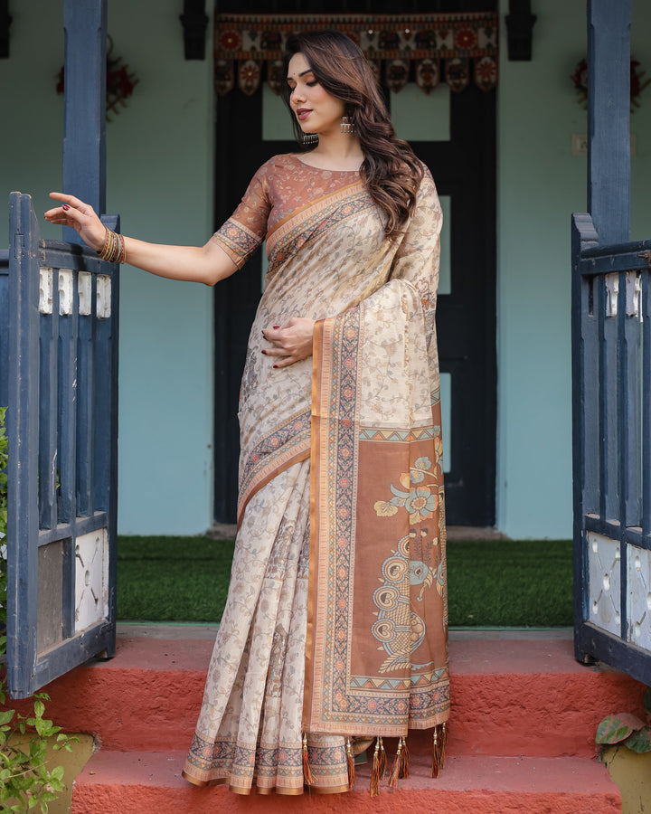 Beige and Rust Handloom Cotton-Linen Saree with Floral Motifs and Peacock Pallu