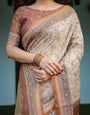 Beige and Rust Handloom Cotton-Linen Saree with Floral Motifs and Peacock Pallu