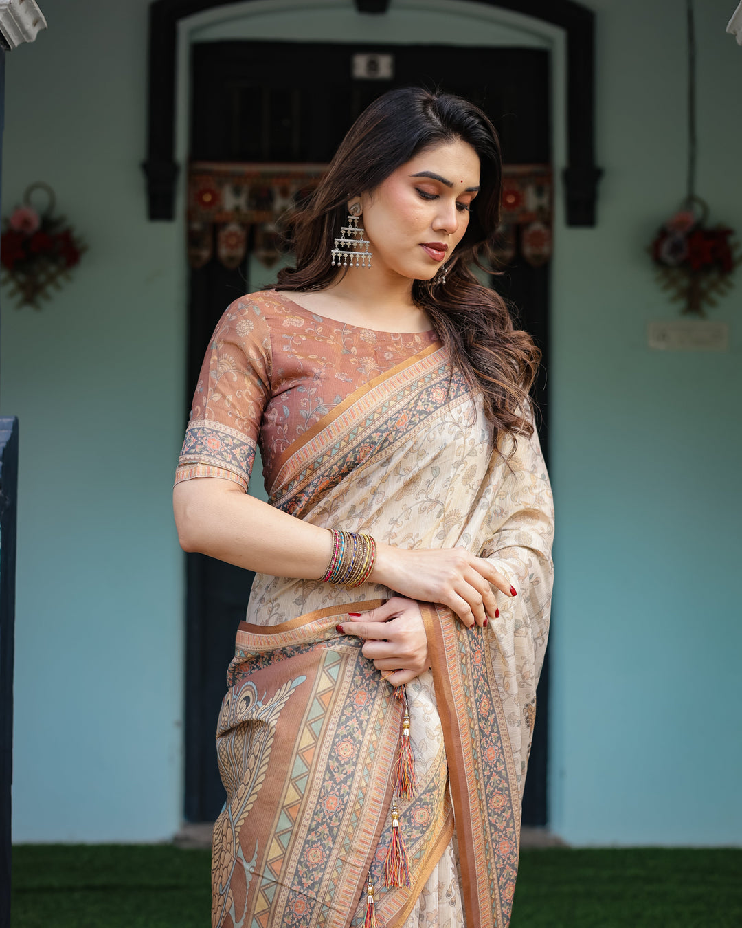 Beige and Rust Handloom Cotton-Linen Saree with Floral Motifs and Peacock Pallu