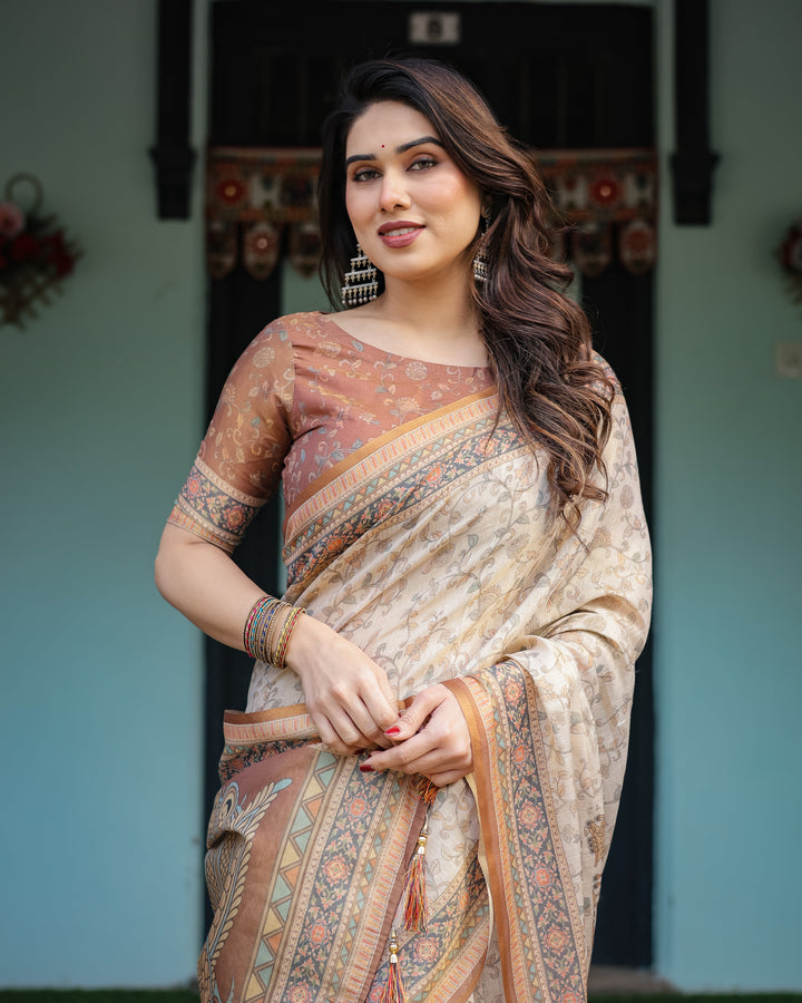 Beige and Rust Handloom Cotton-Linen Saree with Floral Motifs and Peacock Pallu