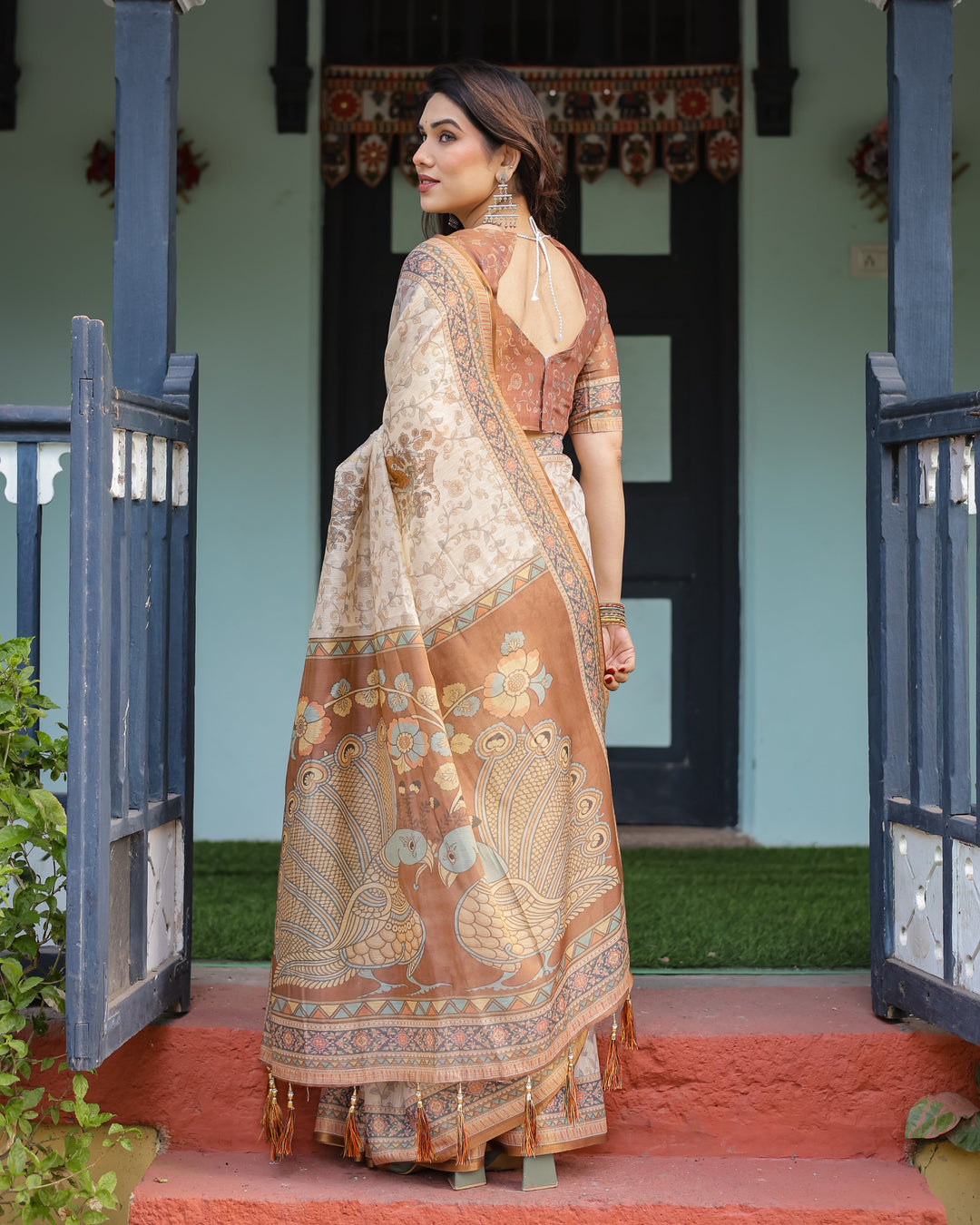 Beige and Rust Handloom Cotton-Linen Saree with Floral Motifs and Peacock Pallu